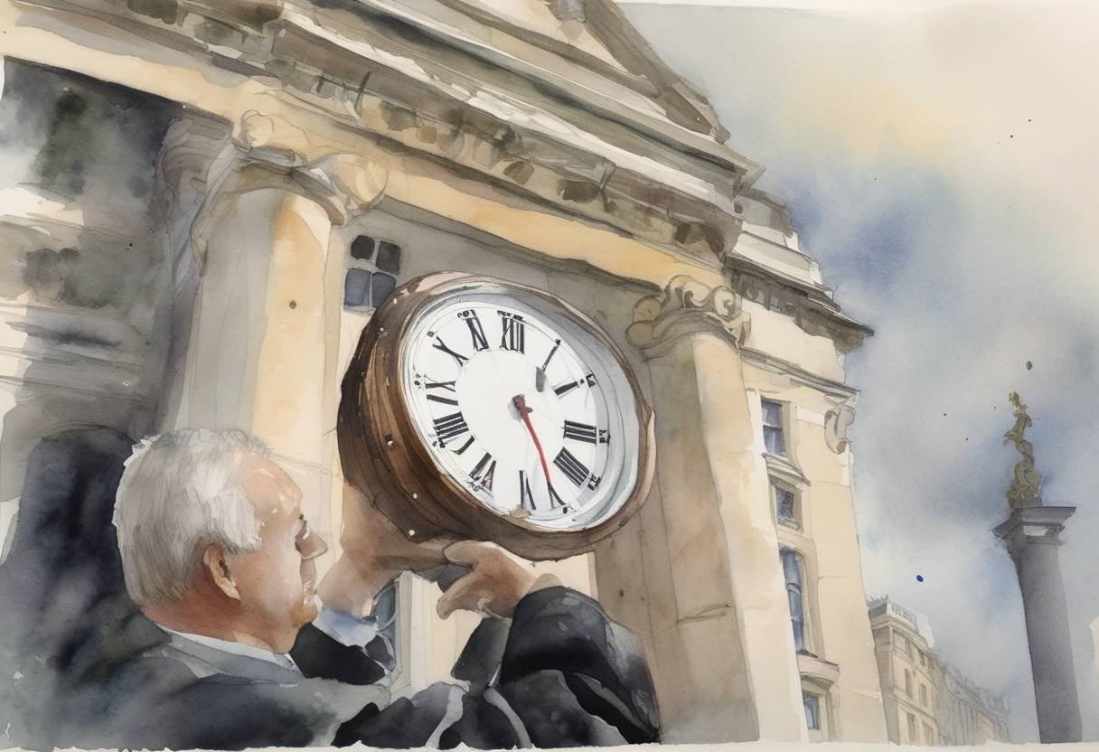 Watercolor painting based depiction of Ken Livingstone, mayor of London, installs a climate change clock in London's Trafalgar Square to raise awareness about the urgency of combating climate change. (2007)