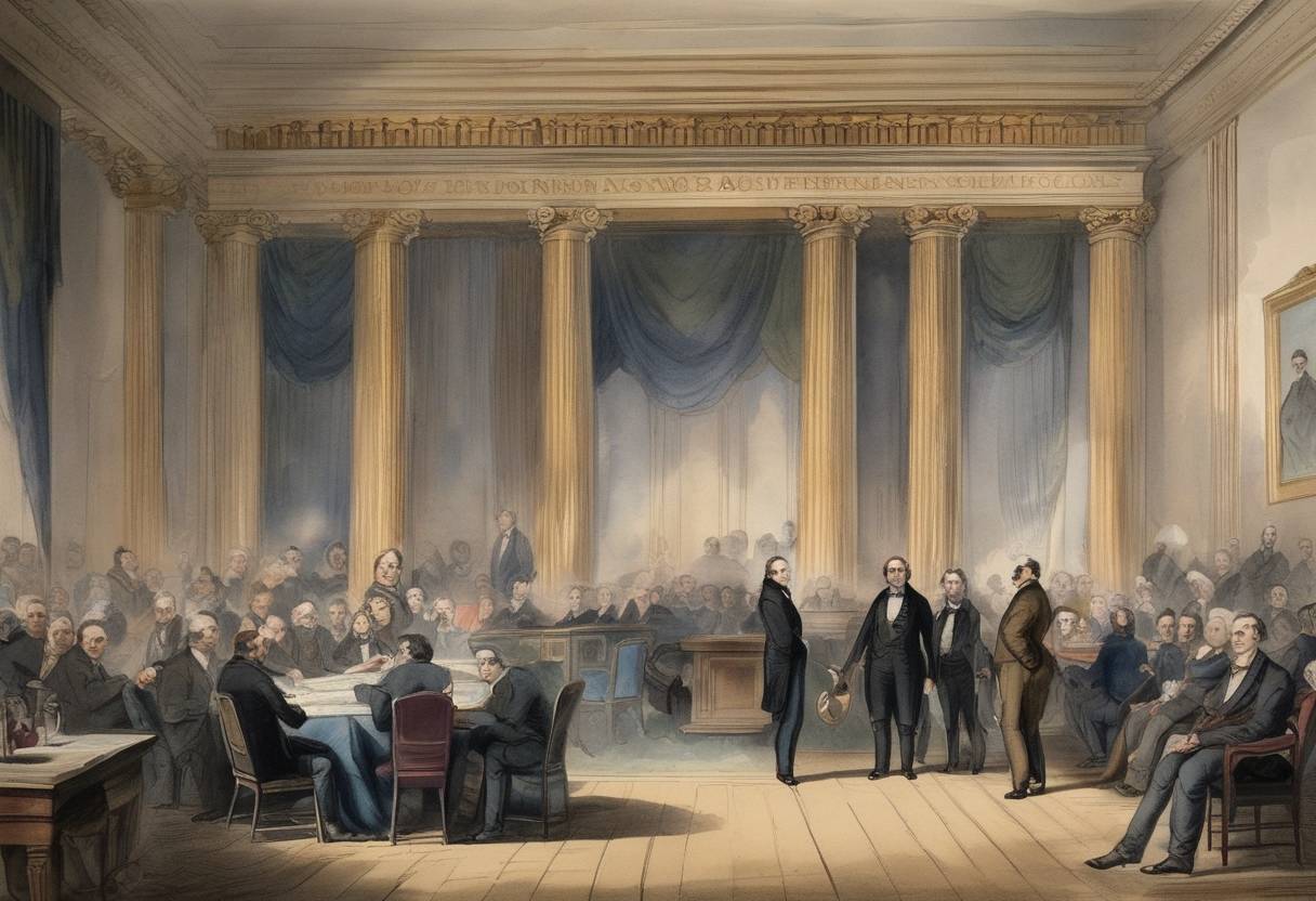 Watercolor painting based depiction of The United States Senate voted on the Clay Resolutions, commonly known as the Compromise of 1850, which were intended to alleviate tensions between free and slave states following the Mexican-American War. (1850)