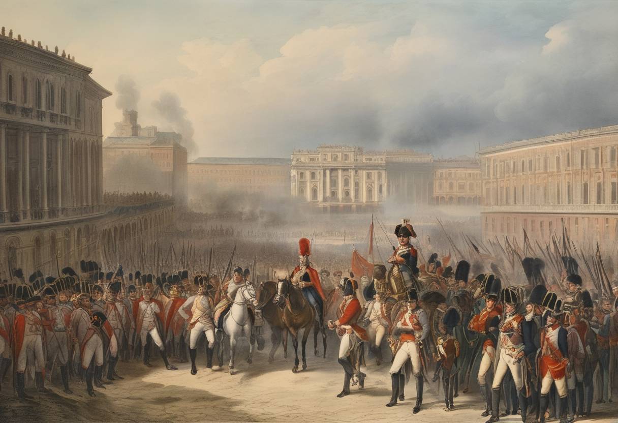 Watercolor painting based depiction of Following the Battle of Marengo, Napoleon enters Milan in triumph. (1800)
