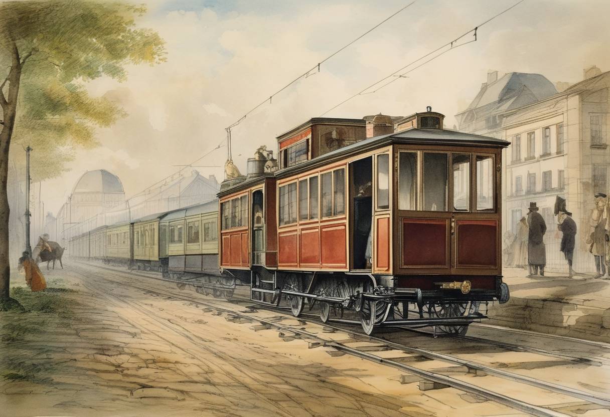 Watercolor painting based depiction of The First Siemenststadtbahn, an early commuter train in Berlin, Germany, began operations. (1854)