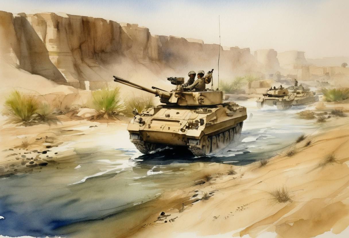 Watercolor painting based depiction of A batter Marine expedition lands on Anbar Province to search for suspected insurgents. (2006)