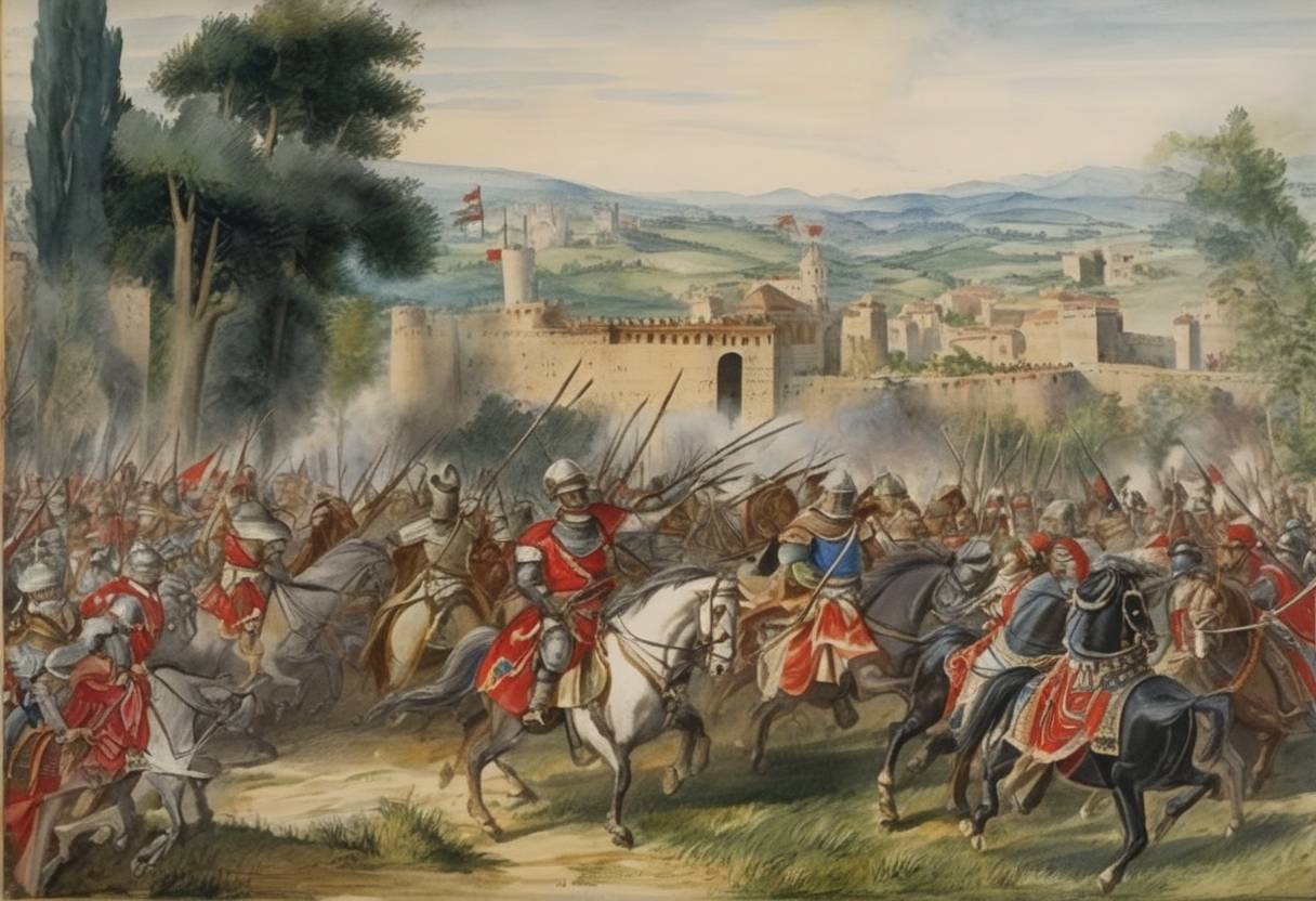Watercolor painting based depiction of At the Battle of Montichiari, Bernabò Visconti, Lord of Milan, repels the invasion of the Ghibellines and defeats the forces led by Pandolfo II Malatesta. (1359)