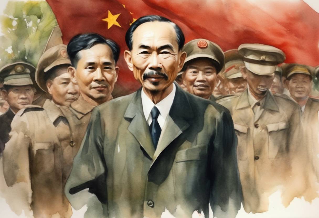 Watercolor painting based depiction of Ho Chi Minh is elected the President of North Vietnam, marking a pivotal moment in Vietnamese history as the nation transitions towards Communist leadership. (1946)