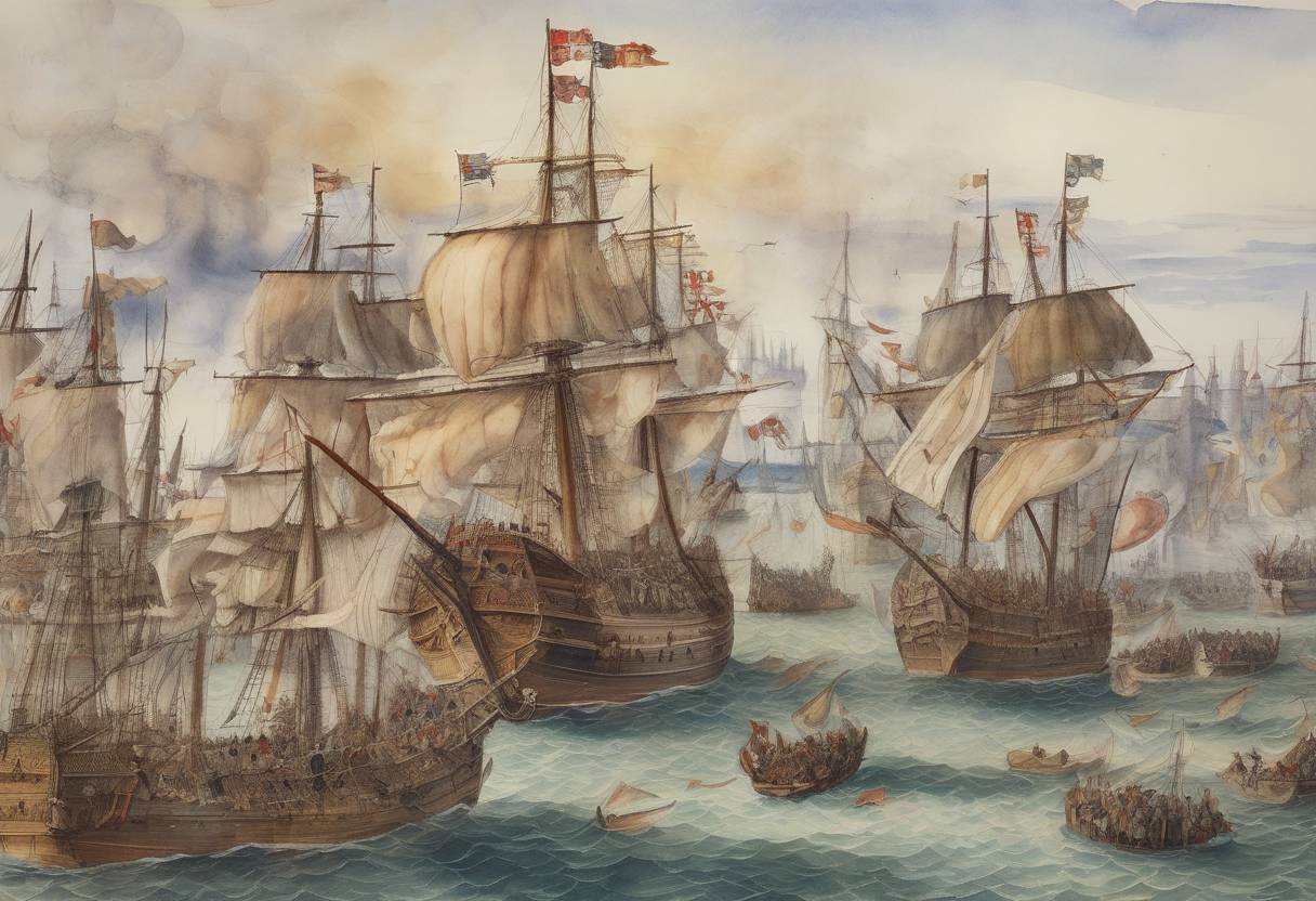 Watercolor painting based depiction of The naval Battle of La Rochelle took place during the Hundred Years' War, resulting in a decisive Castilian victory over the English fleet. (1372)