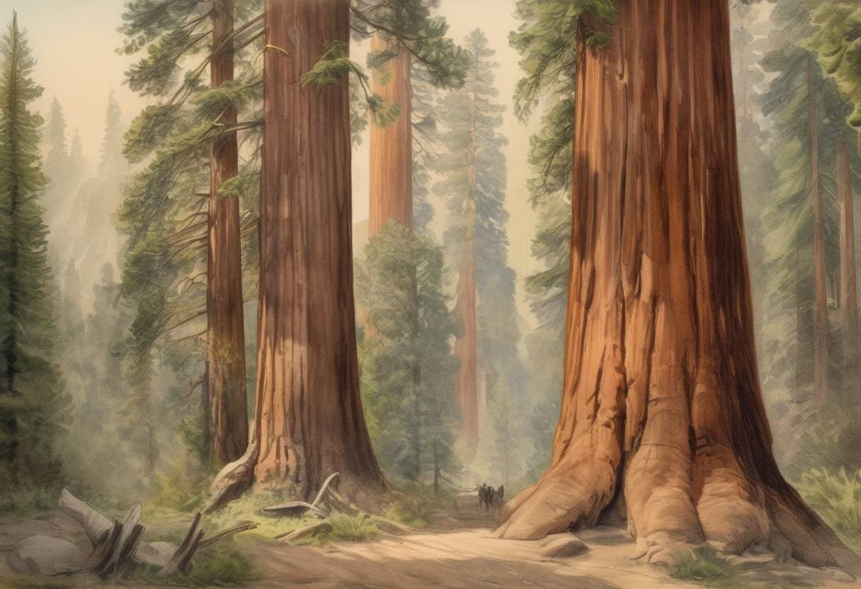 Watercolor painting based depiction of The United States Congress established Sequoia National Park, the second national park in the U.S., to protect the giant sequoia trees. (1890)