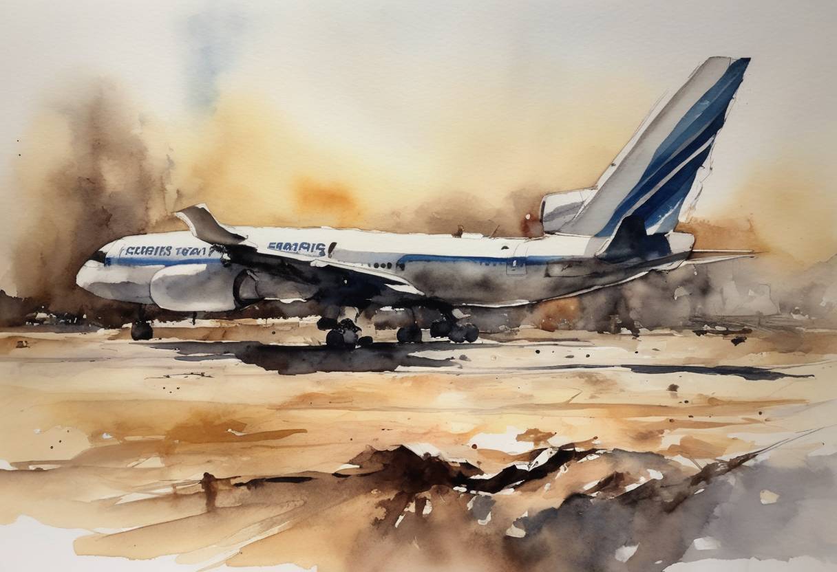 Watercolor painting based depiction of The Egyptian government declared a state of emergency after the EgyptAir Flight 804, traveling from Paris to Cairo, disappeared from radar over the Mediterranean Sea. Wreckage was later found and all 66 people on board were confirmed dead. (2016)
