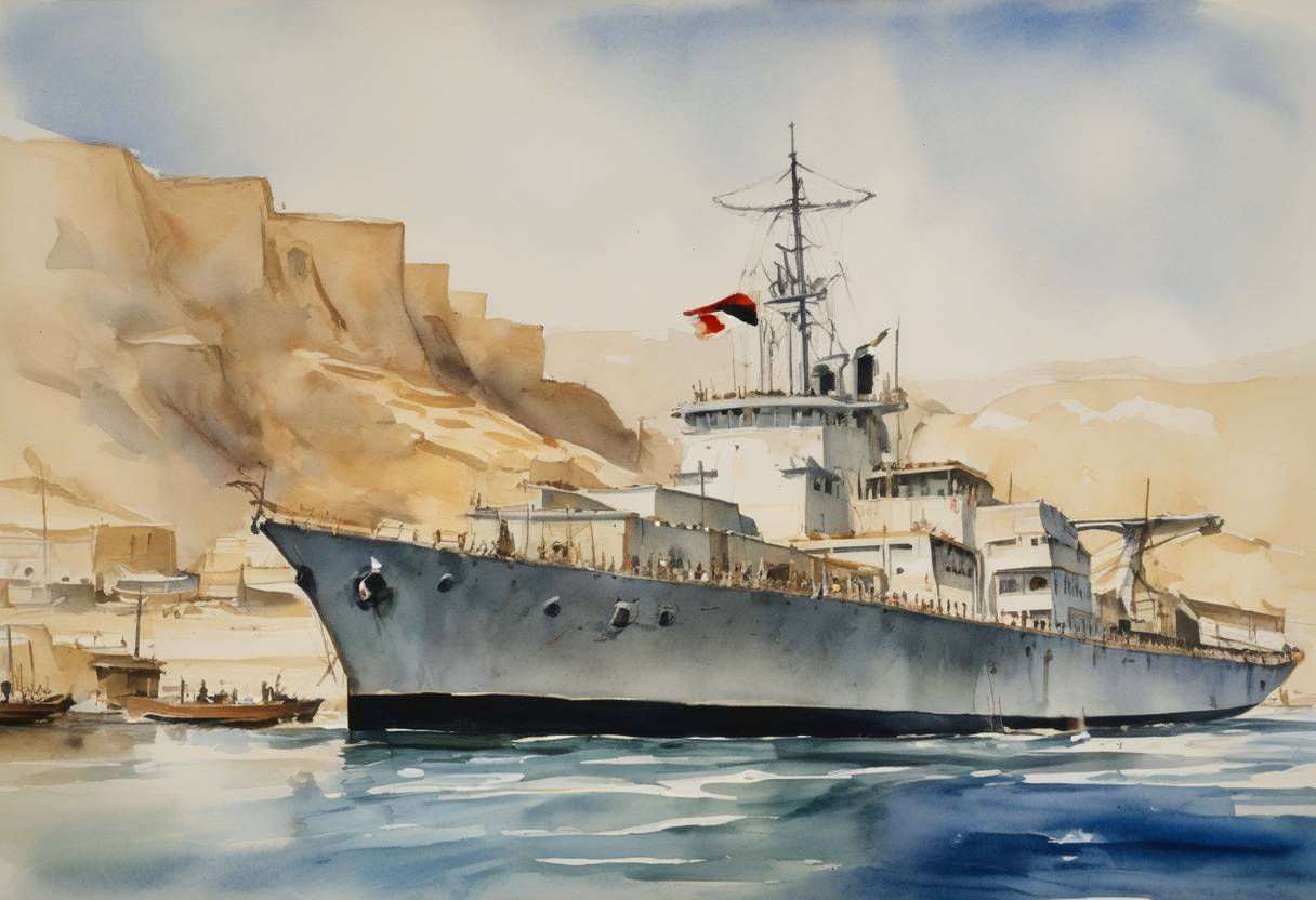 Watercolor painting based depiction of Egyptian President Gamal Abdel Nasser closed the Straits of Tiran to Israeli shipping, leading to military escalation preceding the Six-Day War. (1967)