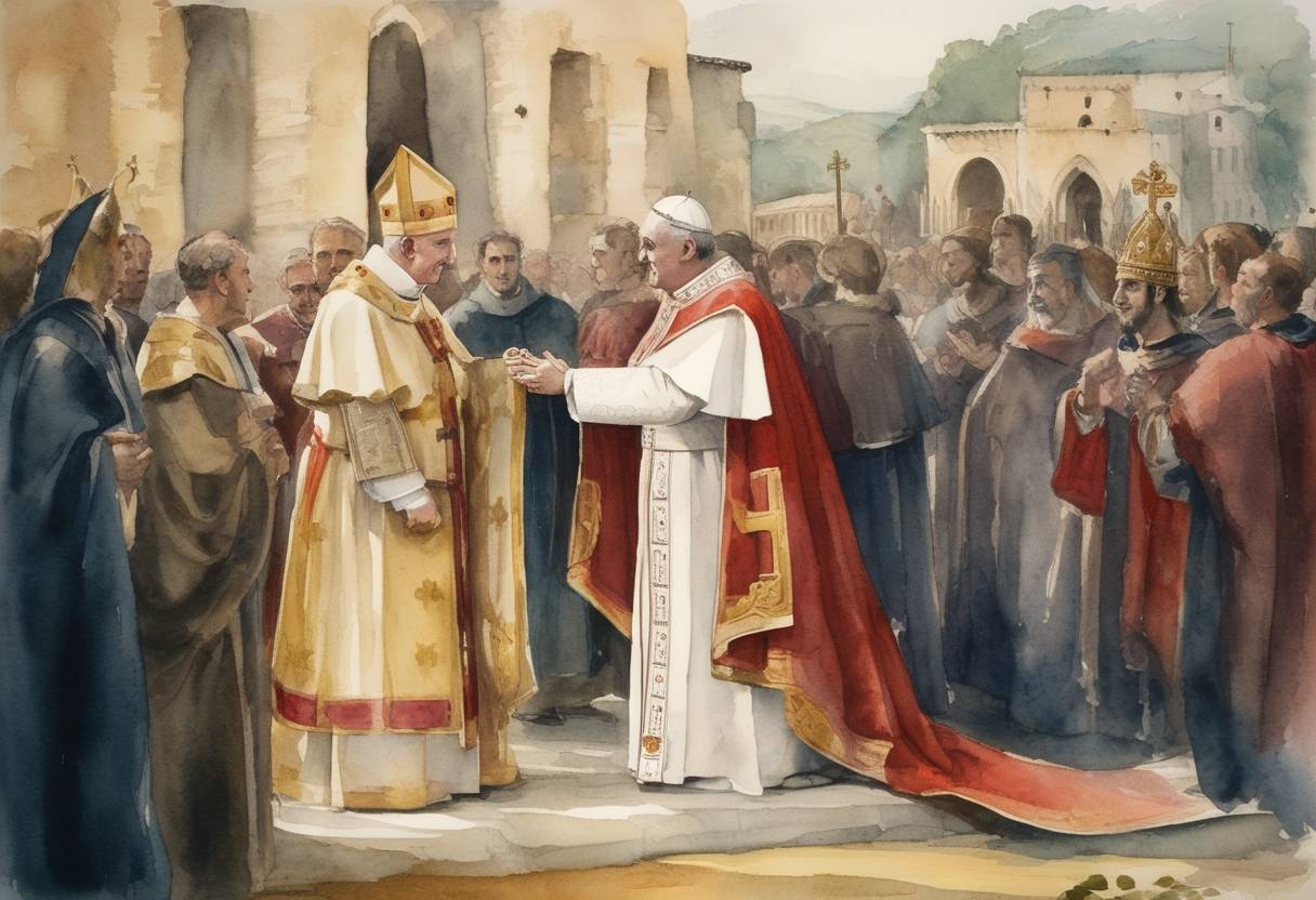Watercolor painting based depiction of Pope Paschal II agreed to the Concordat of Sutri with Holy Roman Emperor Henry V, temporarily resolving the Investiture Controversy, a conflict over the ability to appoint church officials. (1111)