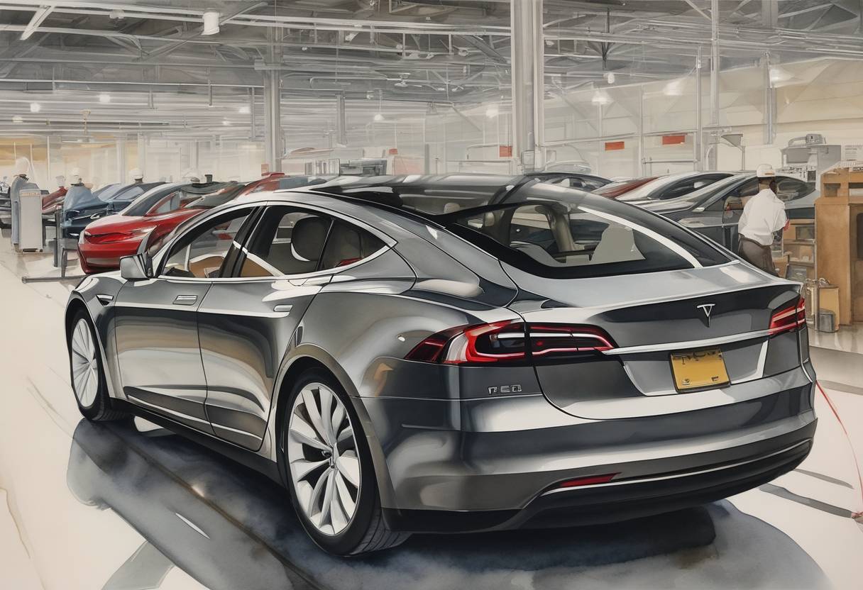 Watercolor painting based depiction of Tesla resumes production at its Fremont factory after a legal confrontation with Alameda County over COVID-19 restrictions. (2020)