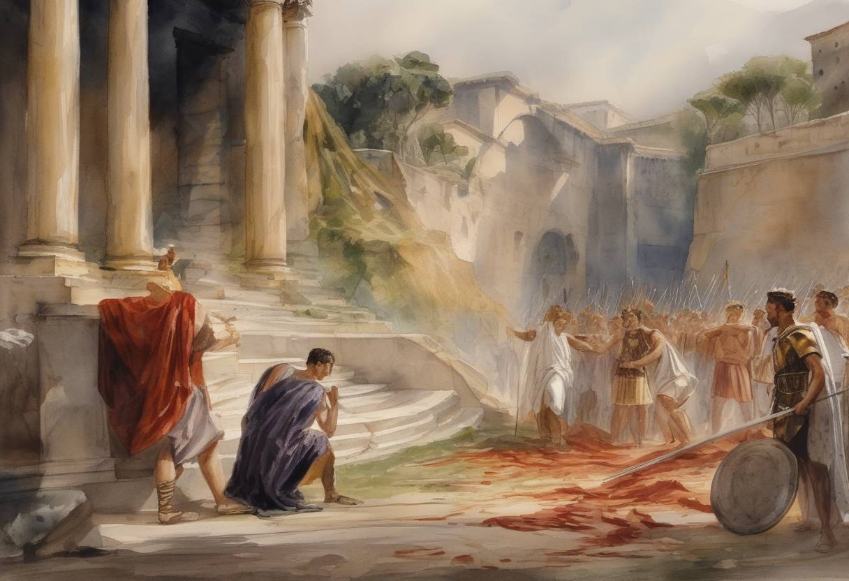 Watercolor painting based depiction of Roman Emperor Caligula was assassinated by members of the Praetorian Guard, led by Cassius Chaerea, marking the end of his erratic and controversial reign that started in 37 AD. (41)