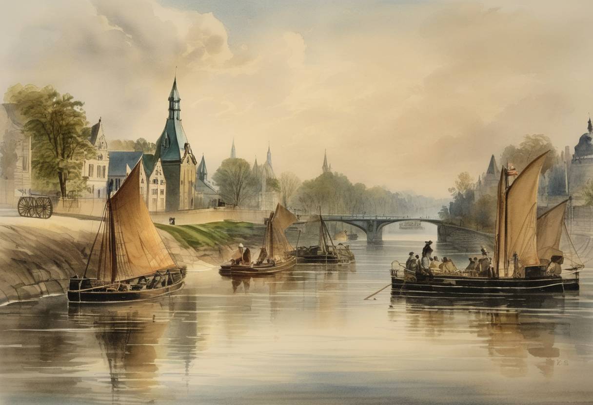 Watercolor painting based depiction of The Rideau Canal was opened, connecting the city of Ottawa (then known as Bytown) to Lake Ontario and the Saint Lawrence River. It was built as a precautionary measure in the event of a war with the United States. (1832)