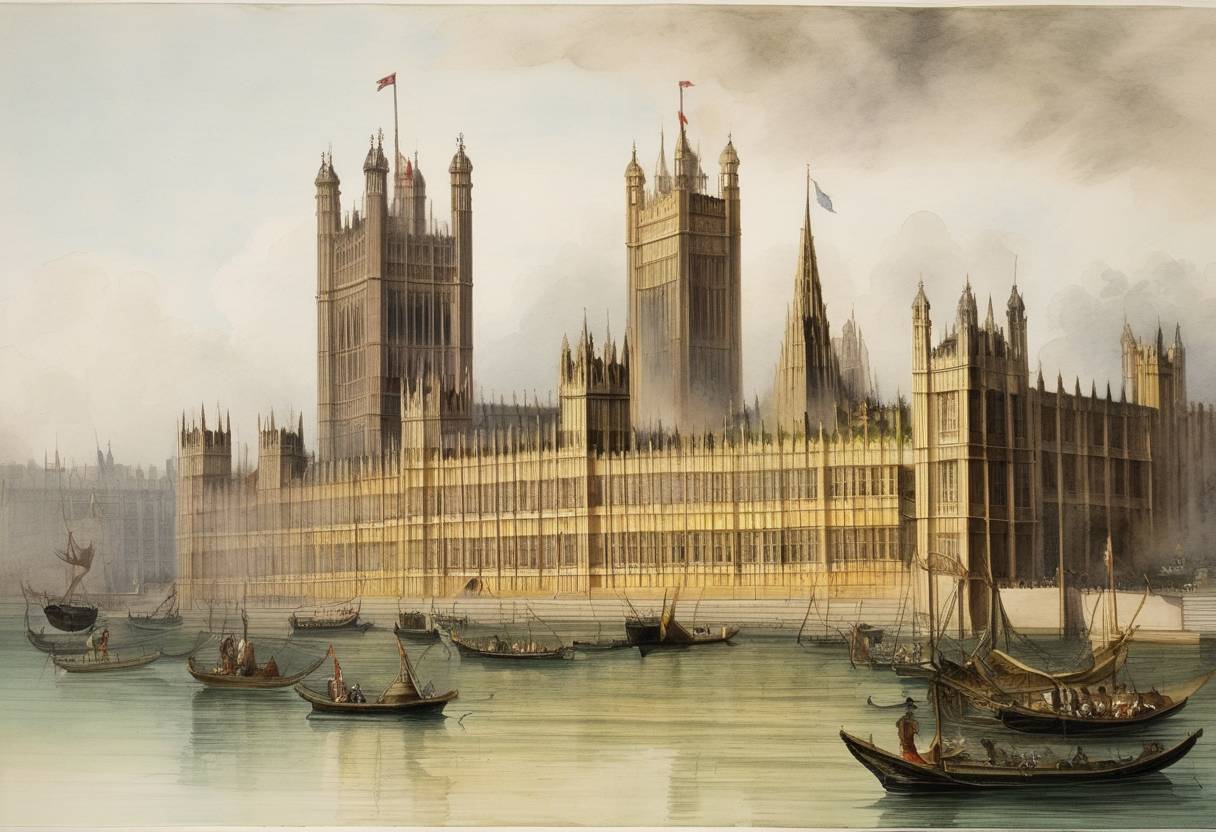 Watercolor painting based depiction of The English Parliament passes acts allowing royal proclamations to stand as law. (1553)