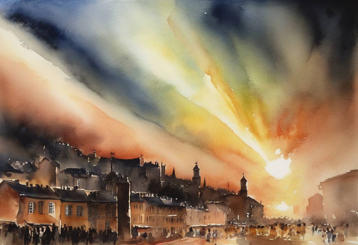 Watercolor painting based depiction of A powerful solar flare occurs, the Bastille Day event, causing widespread radio blackouts globally. (2000)