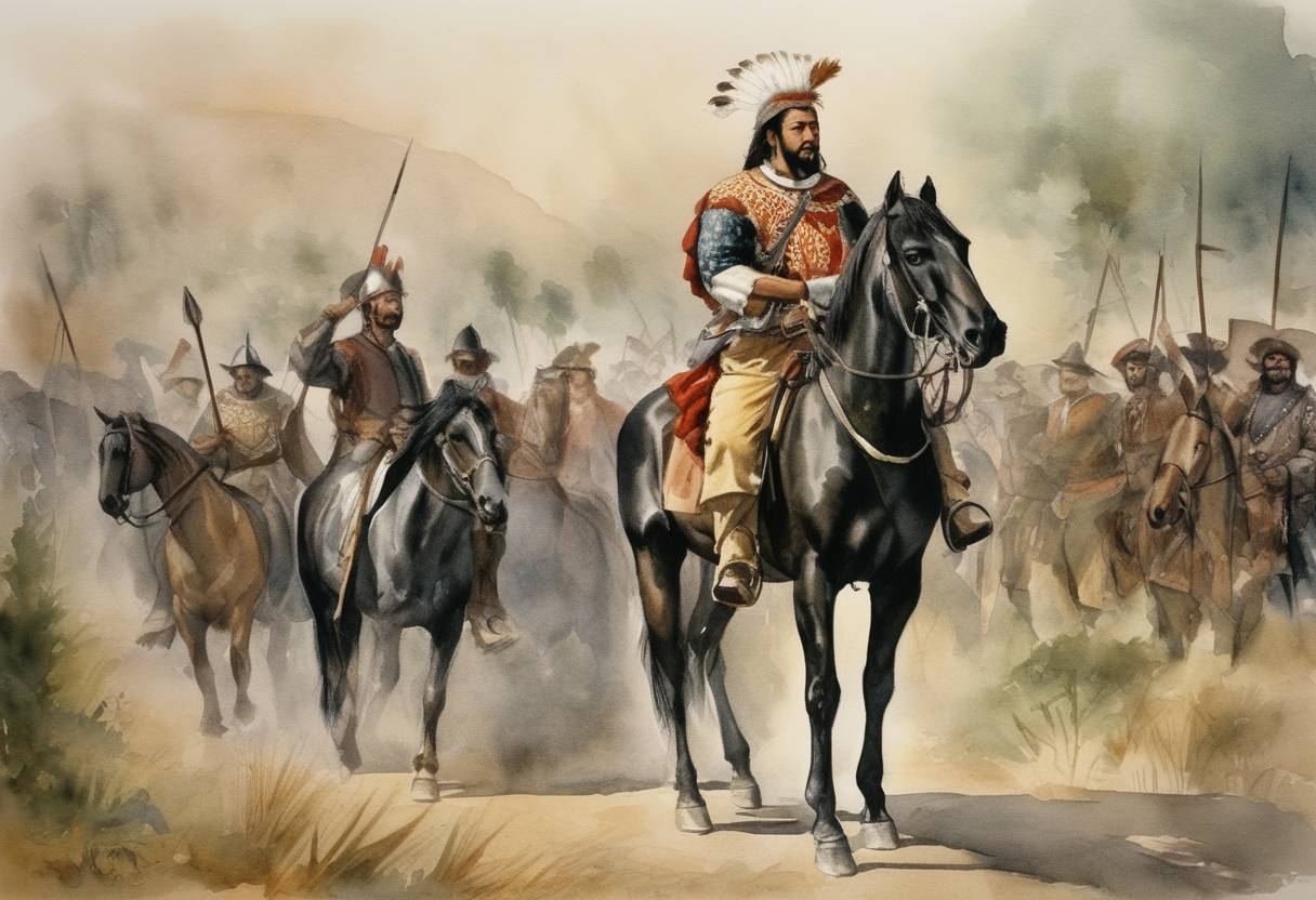 Watercolor painting based depiction of Spanish conquistador Hernando de Soto entered Tula, an important Native American polity in present-day Arkansas. (1541)