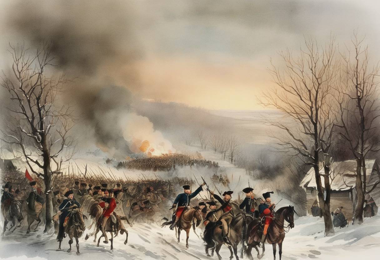 Watercolor painting based depiction of The Polish uprising against Russian rule, known as the November Uprising or the Polish-Russian War 1830-31, saw significant military action as Polish forces engaged Russian troops at the Battle of Stoczek. The battle ended in a Polish victory and became a symbol of resistance despite the eventual suppression of the uprising by Russian forces. (1831)