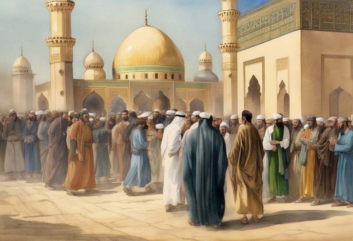 Watercolor painting based depiction of The Fourth Caliph of Islam, Ali ibn Abi Talib, is assassinated while praying in the Great Mosque of Kufa and succumbs to his injuries. (661)