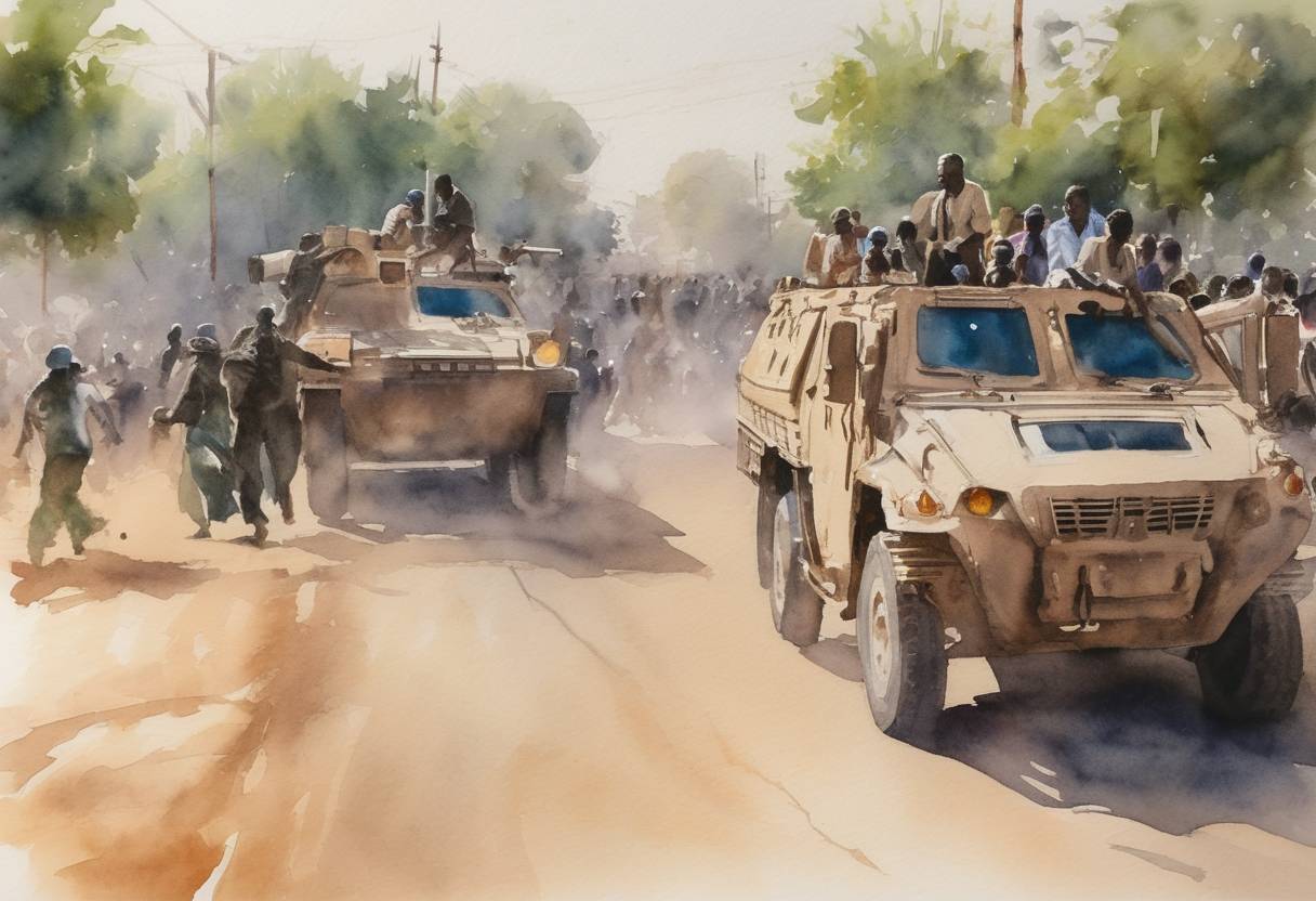 Watercolor painting based depiction of In Sudan, security forces carried out a deadly crackdown on protestors outside the military headquarters in Khartoum. This event was part of a larger series of protests against military rule following the ousting of President Omar al-Bashir, and it resulted in significant casualties, prompting international condemnation. (2019)