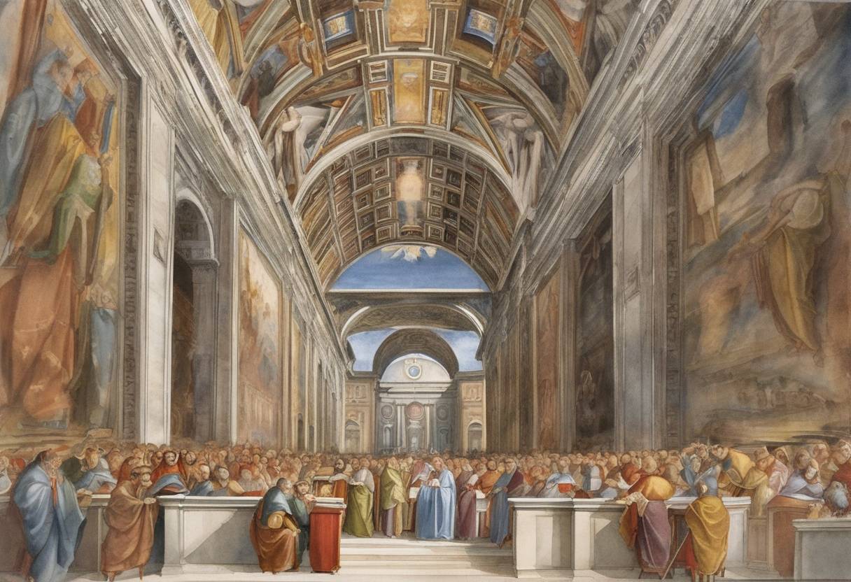 Watercolor painting based depiction of The Sistine Chapel in Vatican City was consecrated by Pope Sixtus IV. The chapel, named after Sixtus IV, has since become one of the most famous religious and cultural sites in the world, particularly renowned for its ceiling painted by Michelangelo. (1483)
