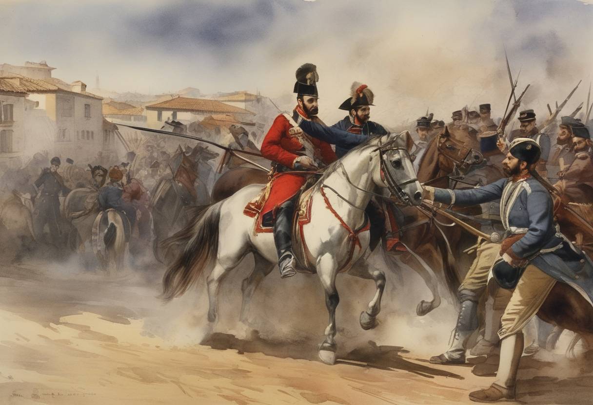 Watercolor painting based depiction of The Third Carlist War began in Spain, a movement by Catholic regent Carlos, Duke of Madrid to claim the Spanish throne. (1871)