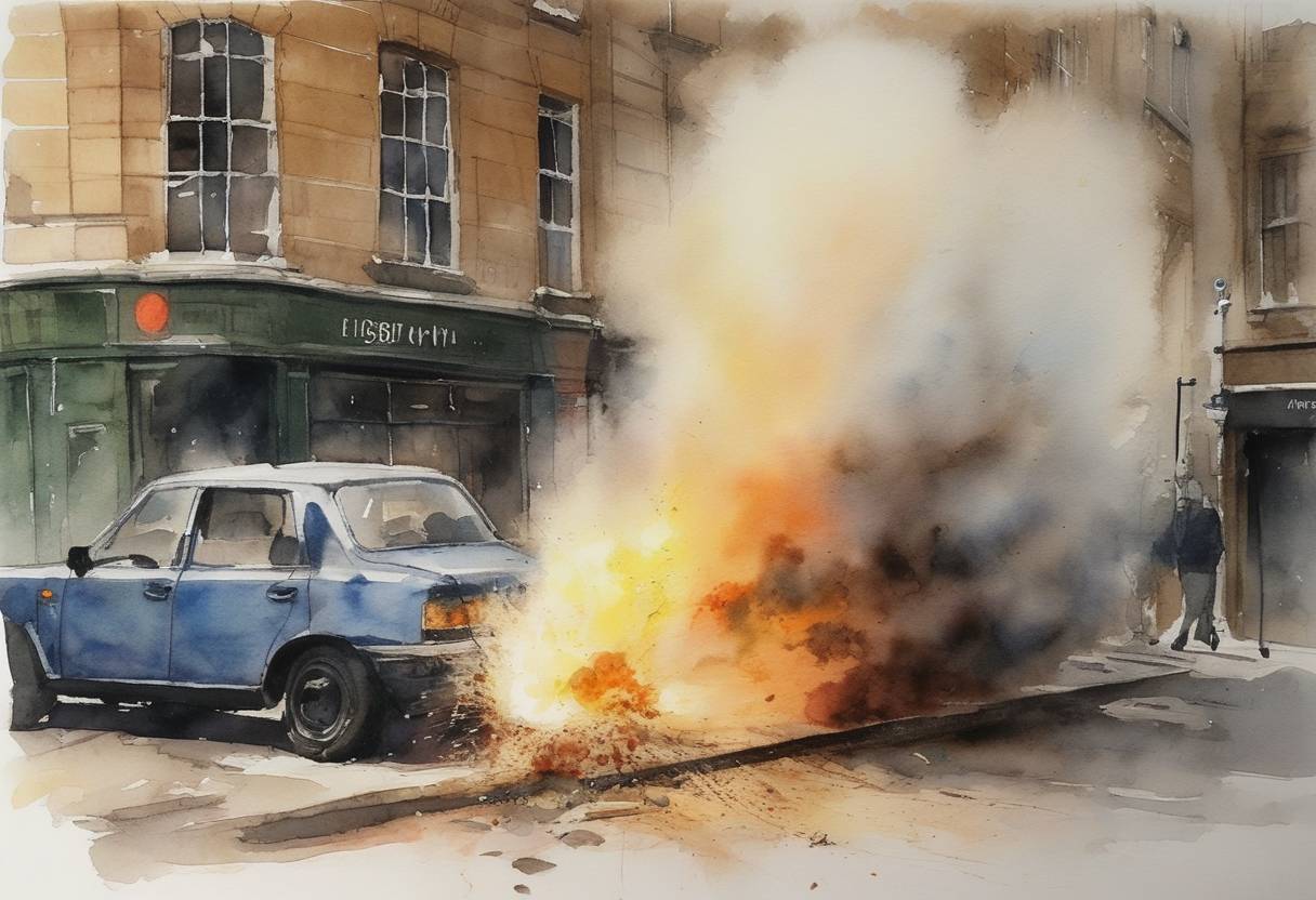 Watercolor painting based depiction of A Provisional Irish Republican Army (IRA) bomb is detonated in Bishopsgate, London, causing extensive damage in the City of London and killing one person. (1993)