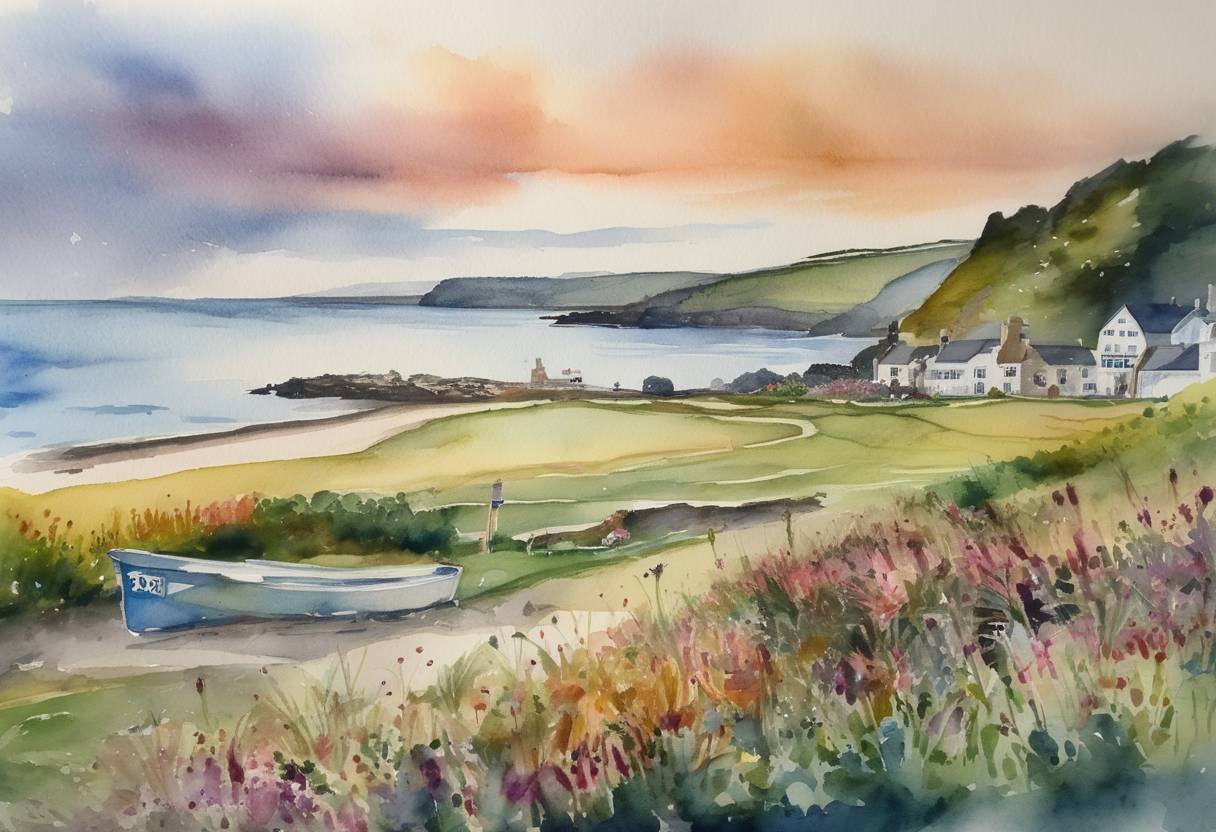 Watercolor painting based depiction of The G7 summit 2021 began in Cornwall, United Kingdom, marking the first in-person meeting of the G7 leaders since the start of the COVID-19 pandemic. Key topics included COVID-19 vaccines, climate change, and global economic recovery. (2021)