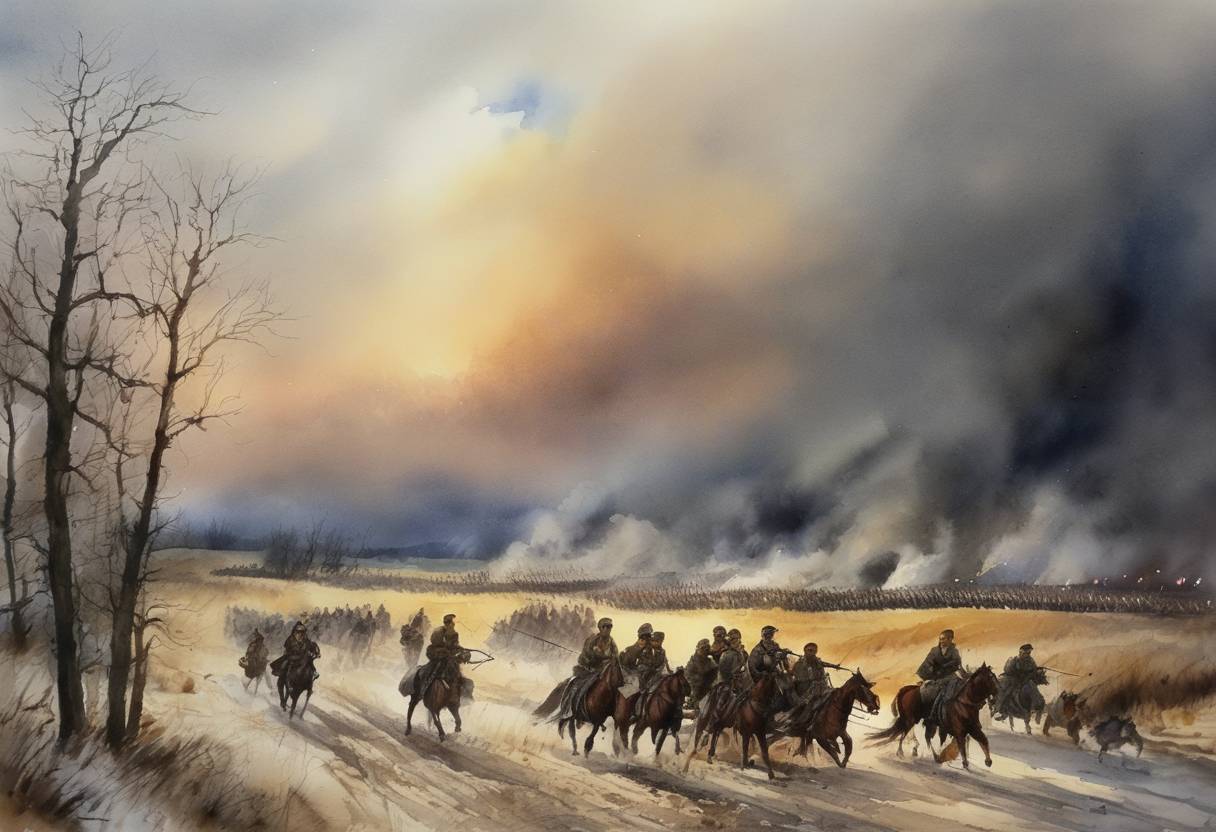 Watercolor painting based depiction of The Battle of Naklo takes place during the ongoing Polish-Pomeranian conflicts. (1109)