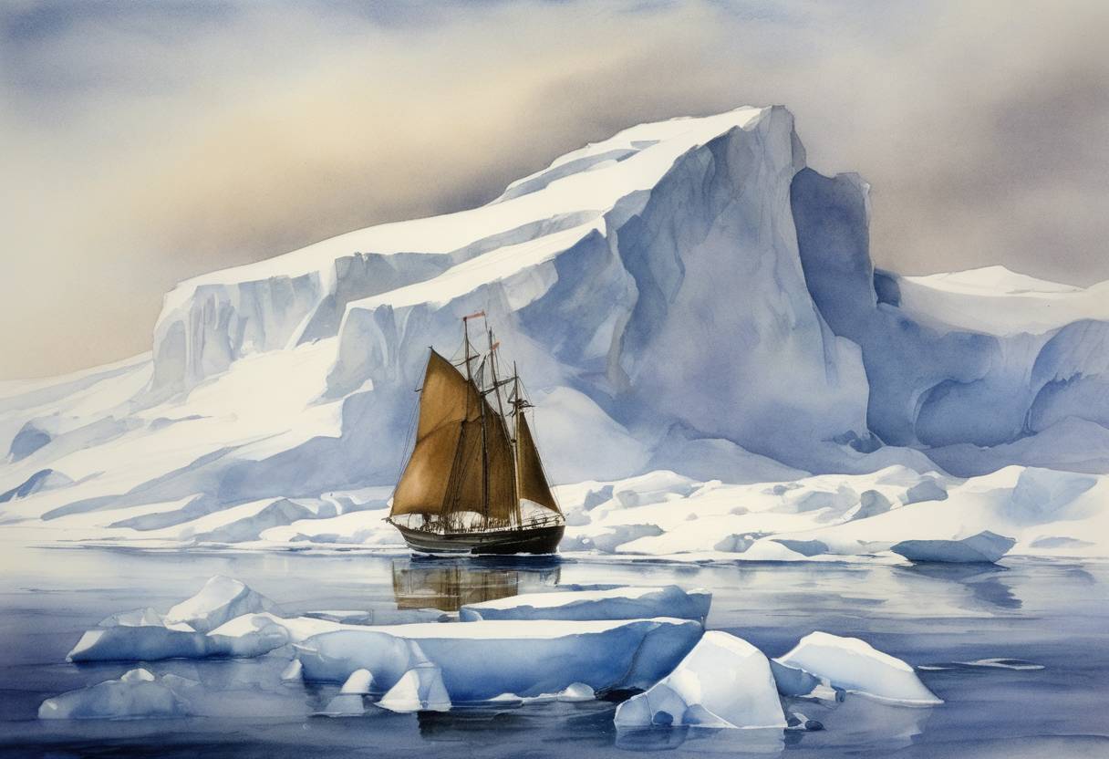 Watercolor painting based depiction of Ernest Shackleton's expedition claims to have reached the magnetic South Pole in Antarctica. This was part of the British Antarctic Expedition, also known as the Nimrod Expedition, which aimed to extend human knowledge of the Antarctic region. (1909)