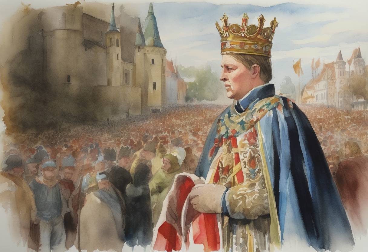 Watercolor painting based depiction of Mindaugas, the Grand Duke of Lithuania, was crowned as King of Lithuania, establishing the first and only Lithuanian kingdom. (1253)