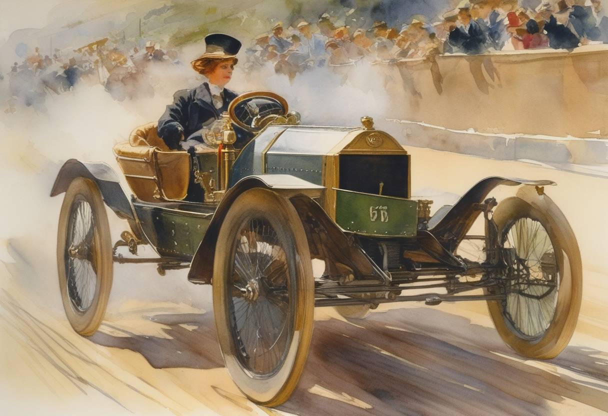 Watercolor painting based depiction of Dorothy Levitt became the first British woman to compete in a motor race, taking part in a speed trial in Nice, France. (1903)