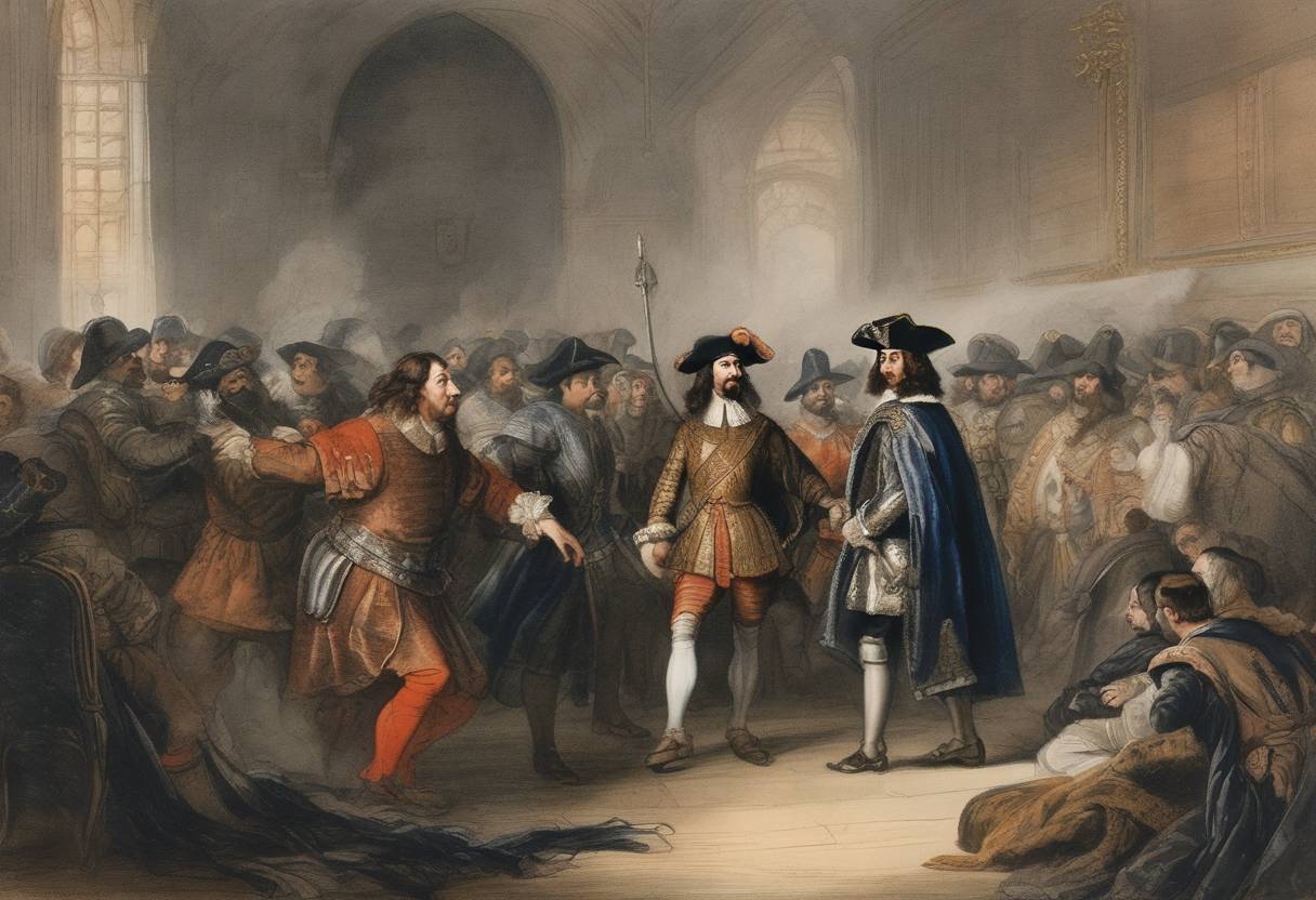Watercolor painting based depiction of King Charles I of England attempts to arrest members of the Long Parliament who were in opposition to his policies, an event that contributes to the tensions leading to the English Civil War. (1642)