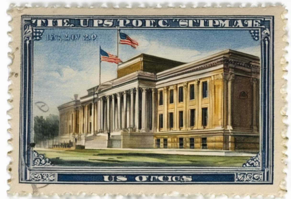 Watercolor painting based depiction of The U.S. Post Office issues its first commemorative stamp. (1893)
