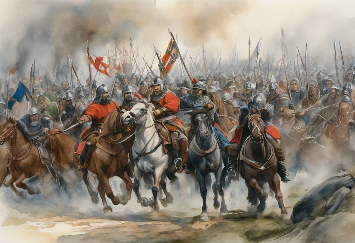 Watercolor painting based depiction of The Swedish forces led by Birger Magnusson (later known as Birger Jarl) are repulsed during the Second Swedish Crusade against the Finns, a crucial event during the Northern Crusades aimed at converting pagan Finns to Christianity. (1270)