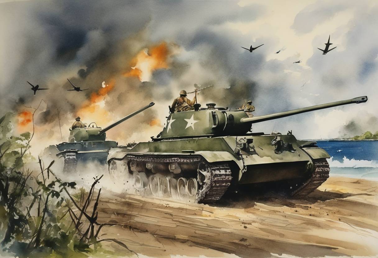 Watercolor painting based depiction of The Battle of Guam ends in an American victory during the Pacific campaign of World War II. The recapture of Guam was part of the Allies' island-hopping strategy to advance towards Japan. (1944)