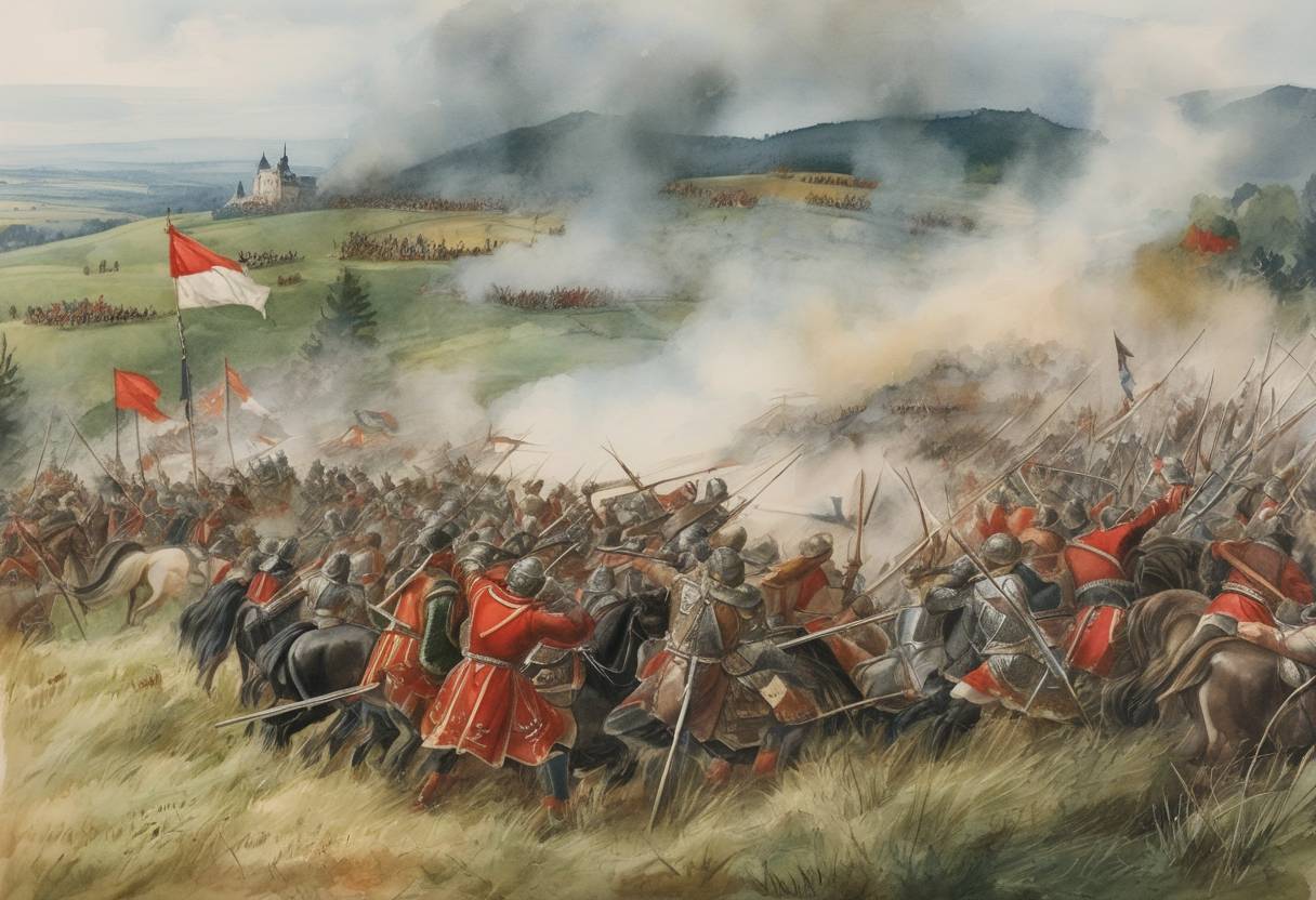 Watercolor painting based depiction of The Battle on the Marchfeld took place between the Kingdom of Hungary and Austria. It resolved territorial conflicts and established the Habsburg dynasty's control over much of the modern-day Dukedom of Austria. (1278)