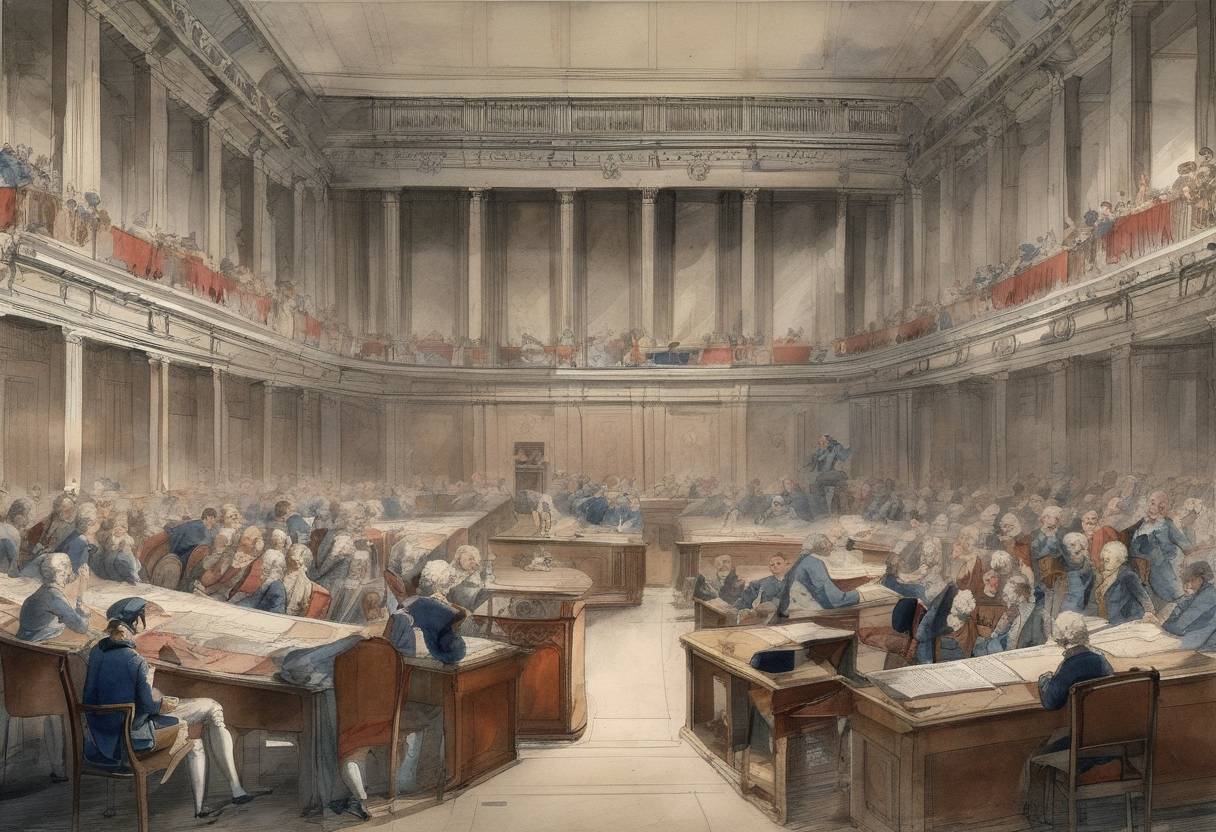 Watercolor painting based depiction of The first session of the French Legislative Assembly was held, following the French Revolution's National Constituent Assembly. (1791)