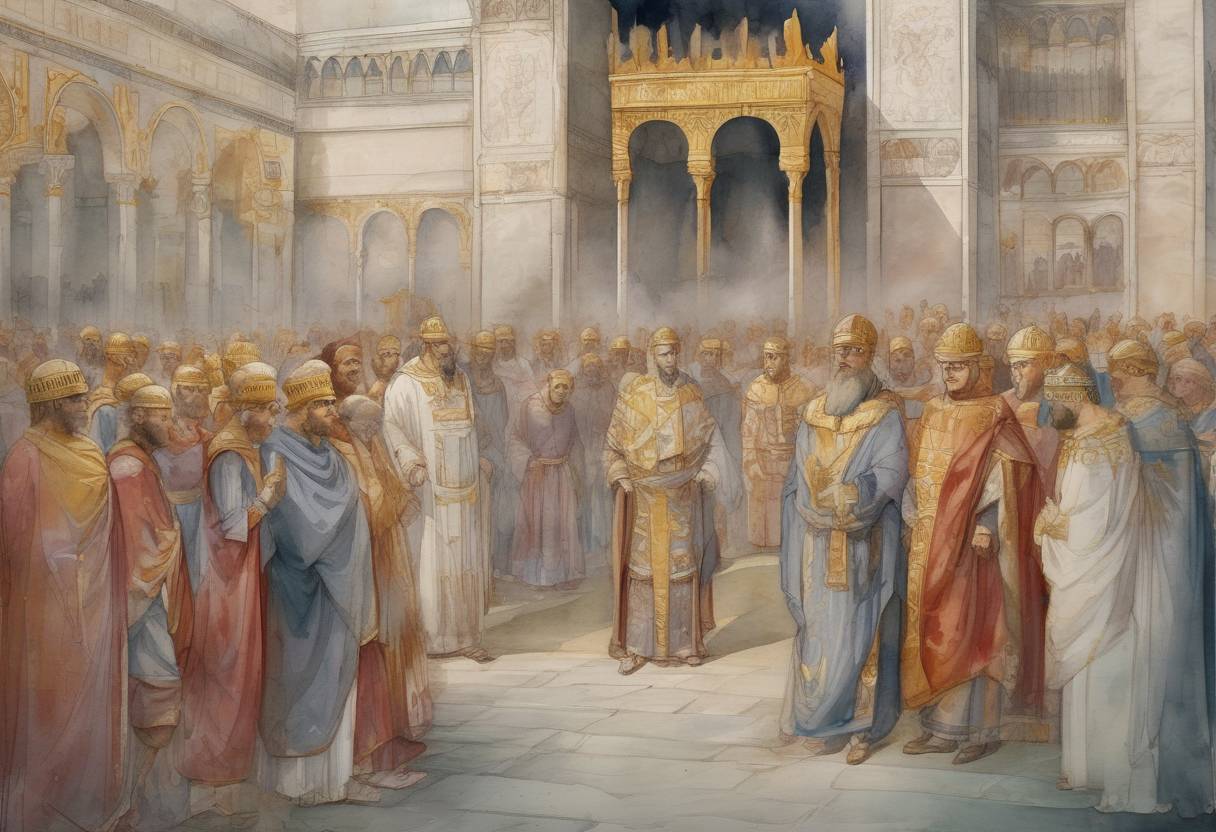 Watercolor painting based depiction of Anastasius I, Byzantine Emperor, dies after a reign marked by internal reforms and religious conflicts. (518)