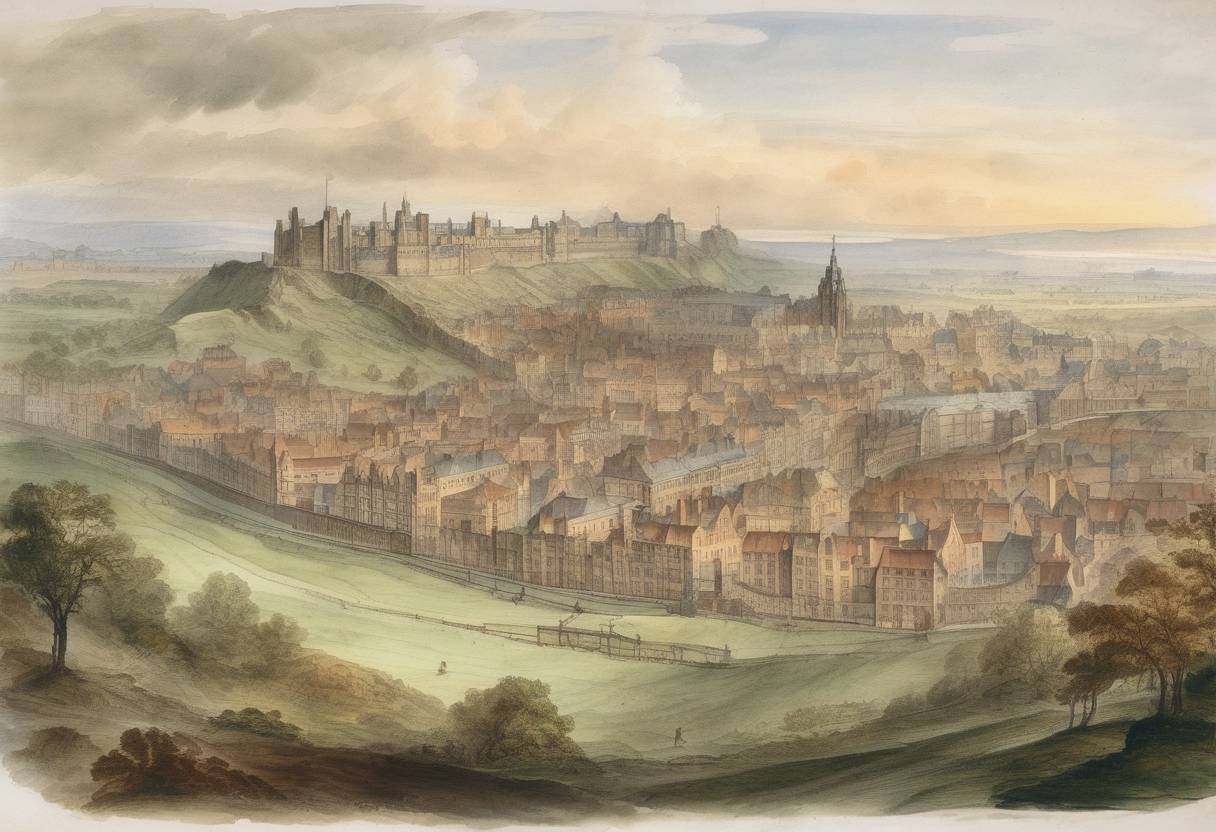 Watercolor painting based depiction of The first edition of the Encyclopædia Britannica was published in Edinburgh, Scotland. (1768)