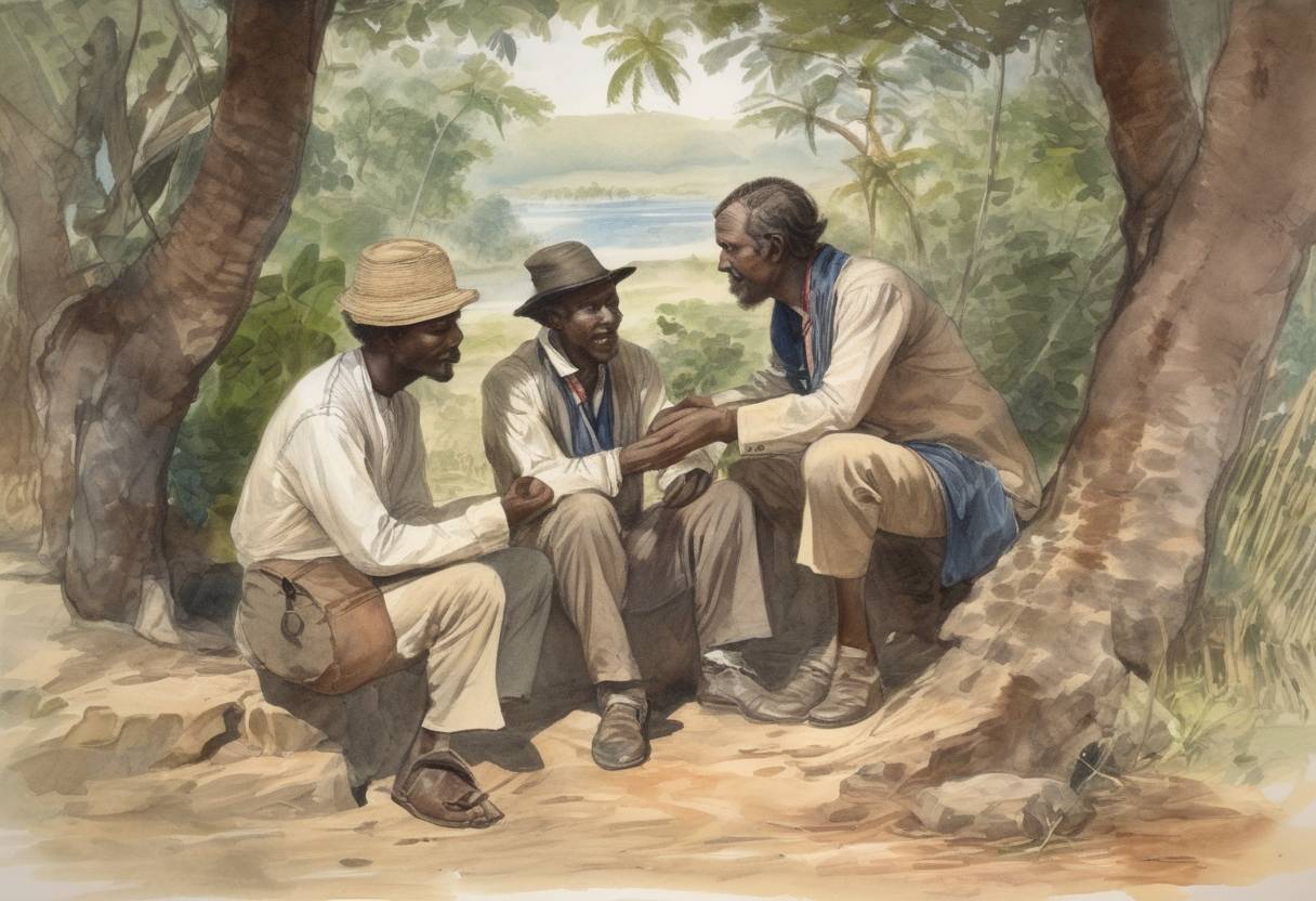 Watercolor painting based depiction of Journalist Henry Morton Stanley found missionary and explorer David Livingstone in Ujiji, near Lake Tanganyika, famously greeting him with the words 'Dr. Livingstone, I presume?' (1871)