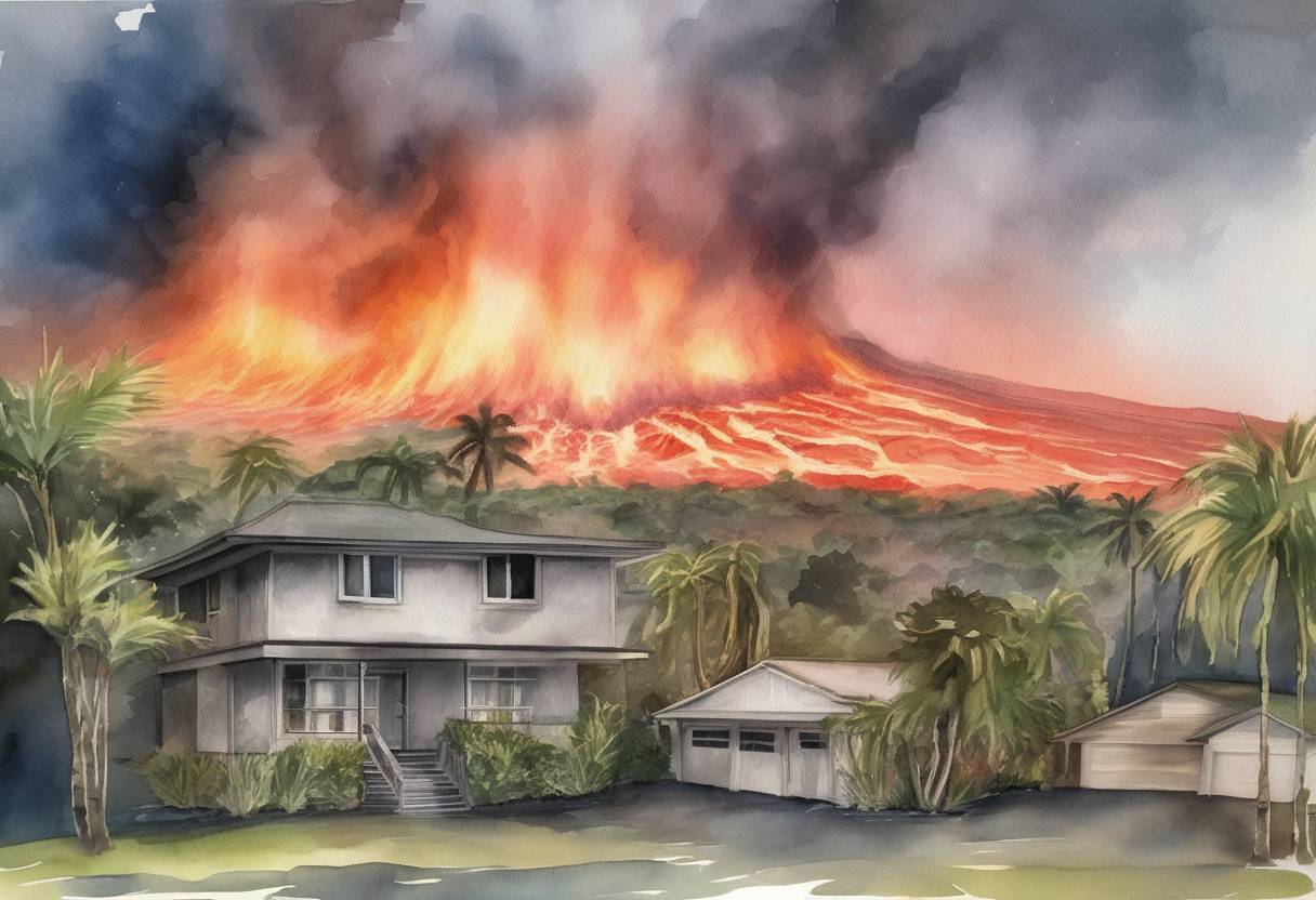 Watercolor painting based depiction of The eruption of Kīlauea volcano in Hawaii begins, leading to the destruction of hundreds of homes and the evacuation of thousands of residents. (2018)