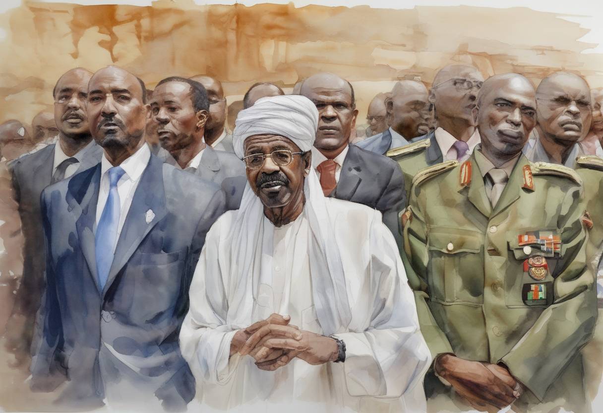 Watercolor painting based depiction of The International Criminal Court issued an arrest warrant for Sudanese President Omar al-Bashir on charges of genocide in Darfur, marking the first time the ICC charged a sitting head of state with genocide. (2009)