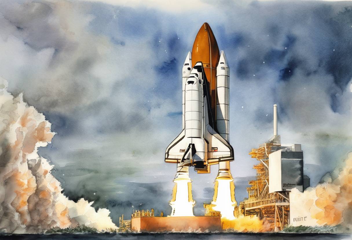 Watercolor painting based depiction of The Space Shuttle Atlantis launches on STS-38, a classified mission for the U.S. Department of Defense. (1990)