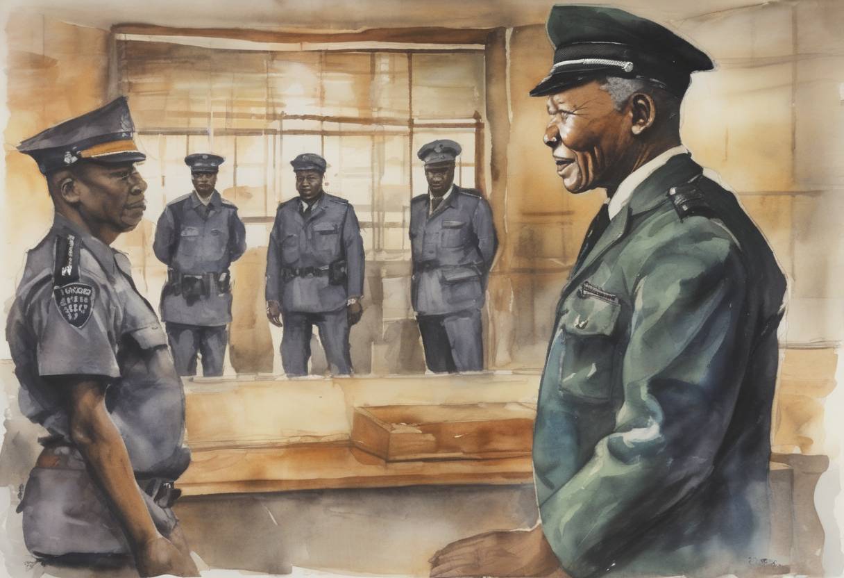 Watercolor painting based depiction of Nelson Mandela was arrested by South African police near Howick and charged with inciting workers to strike and leaving the country without a passport. (1962)