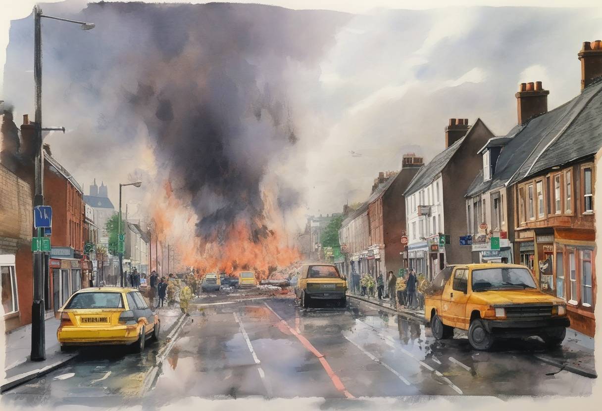 Watercolor painting based depiction of The Omagh bombing in Northern Ireland, carried out by the Real Irish Republican Army, killed 29 people and injured over 200. (1998)