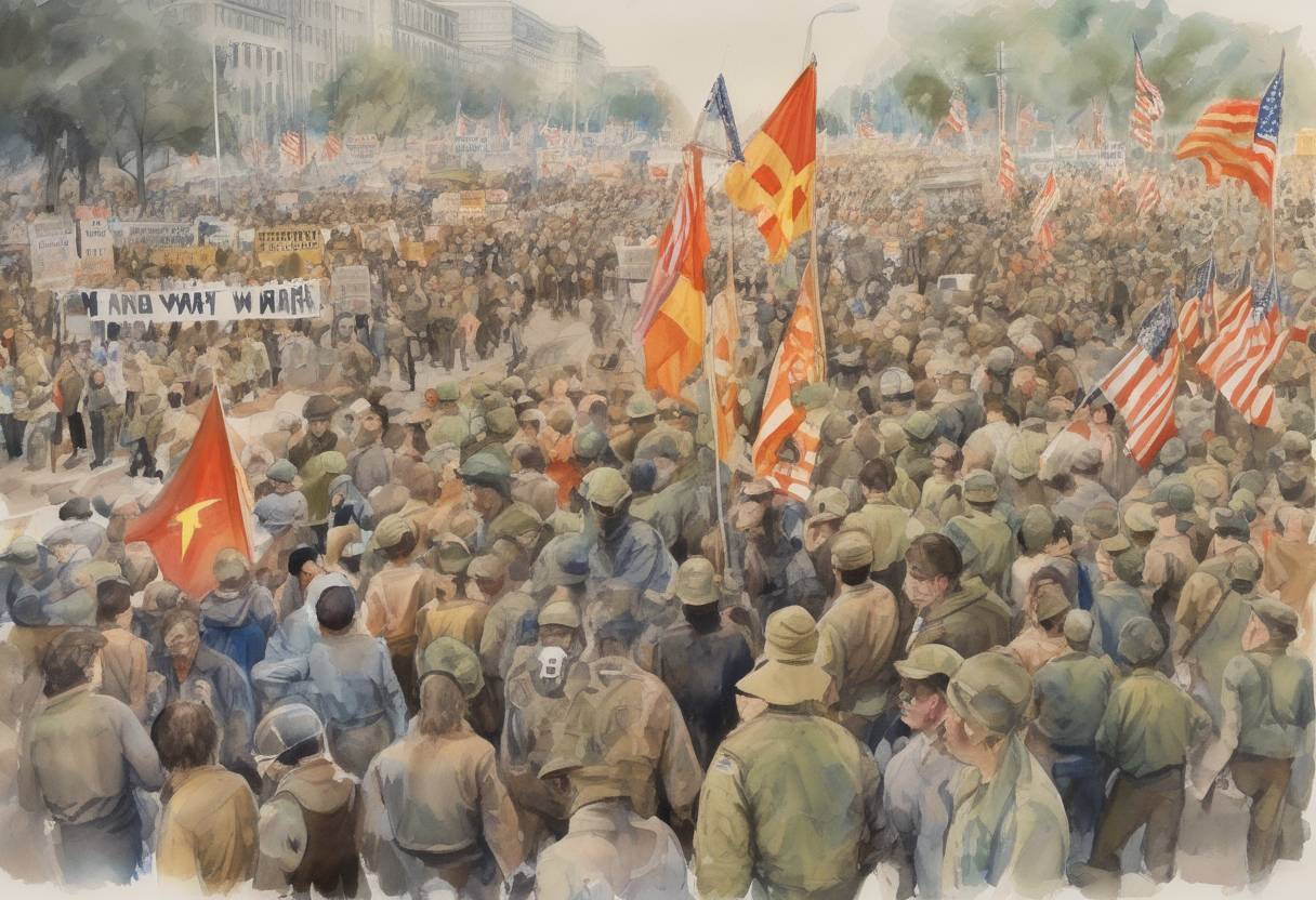 Watercolor painting based depiction of A large Vietnam War protest occurs in Washington, D.C., as thousands of demonstrators march against the war. (1967)