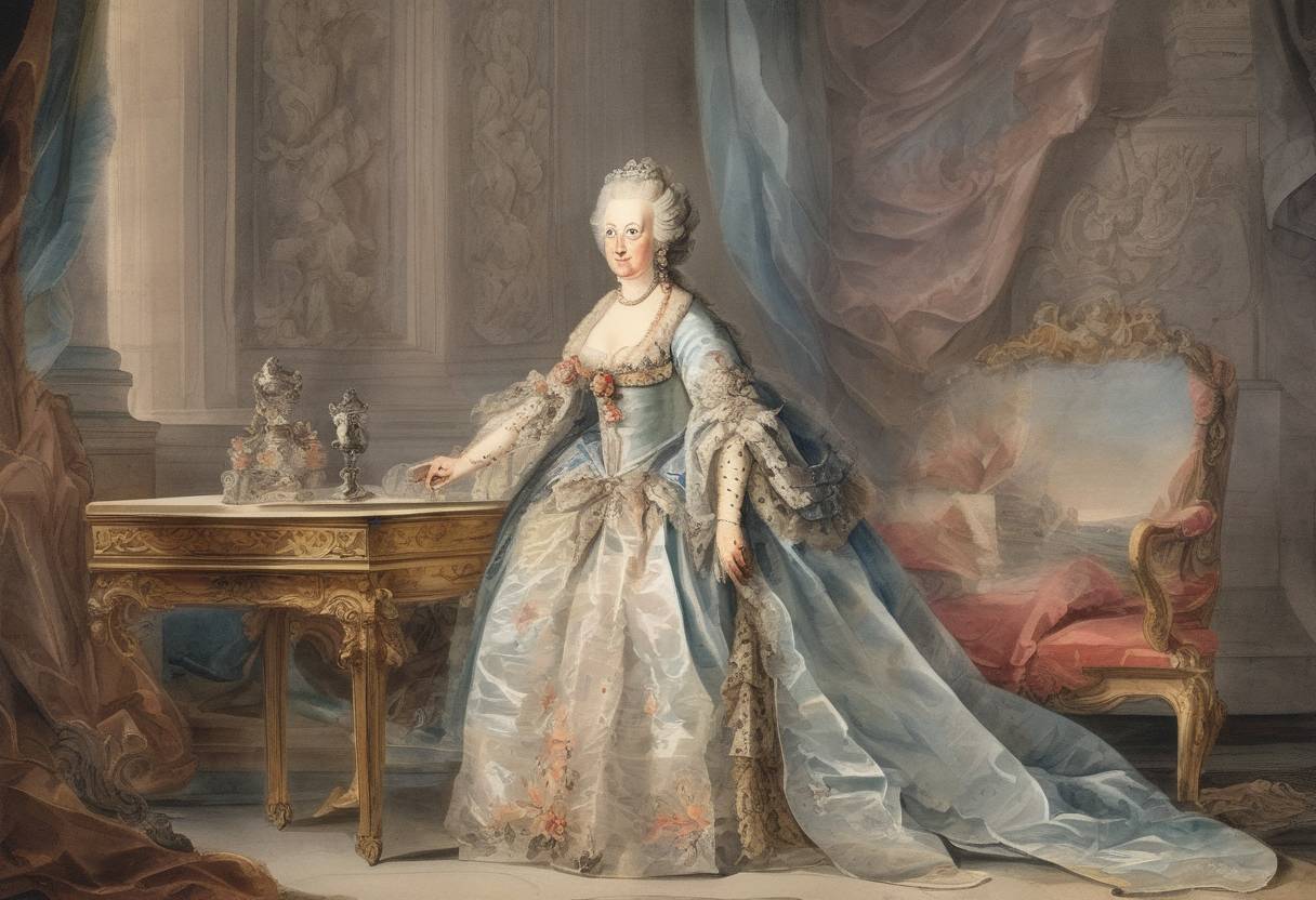 Watercolor painting based depiction of Maria Theresa became the ruler of the Habsburg dominions following the death of her father, Charles VI, leading to the War of Austrian Succession. (1740)
