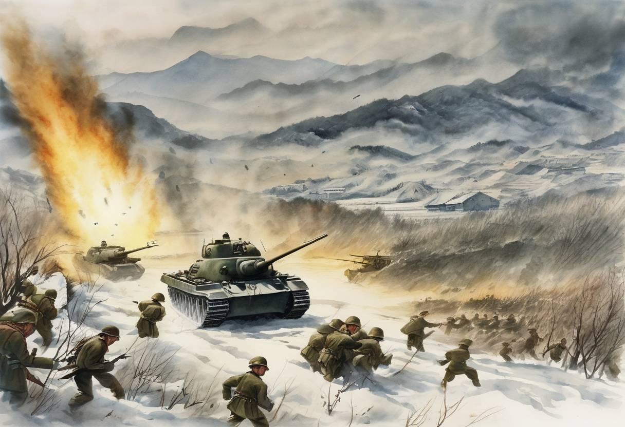 Watercolor painting based depiction of Korean War: Troops from the People's Republic of China launch a massive counterattack in North Korea against South Korean and United Nations forces (the Battle of Chosin Reservoir), ending any hopes of a quick end to the conflict. (1950)