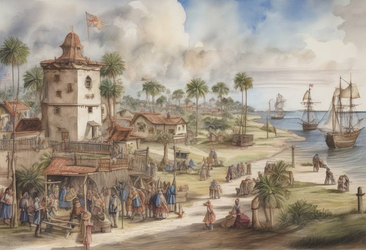 Watercolor painting based depiction of Pedro Menéndez de Avilés establishes the first permanent European settlement in what is now the continental United States, founding St. Augustine in Florida. (1565)