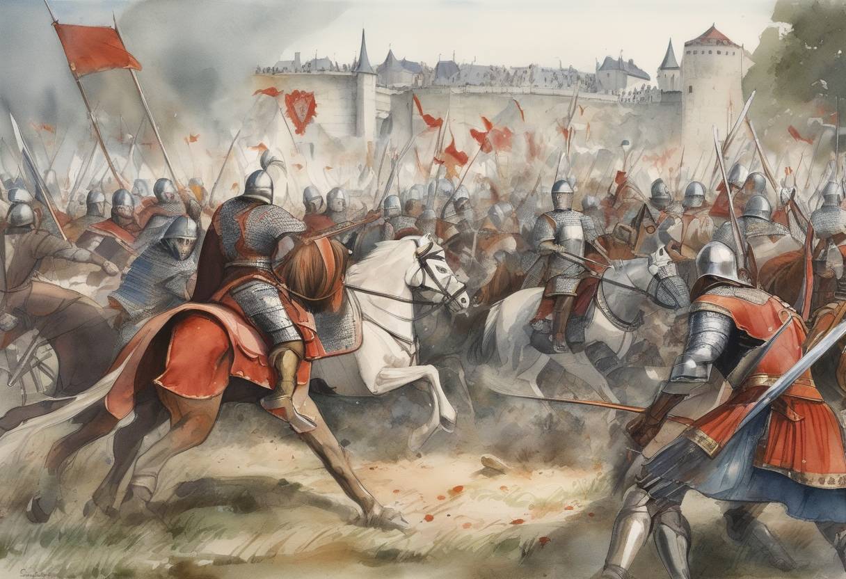 Watercolor painting based depiction of The Battle of Tours, also known as the Battle of Poitiers, took place, where Frankish leader Charles Martel defeated an invading Muslim army, halting the northward advance of Islam from the Iberian Peninsula. (732)