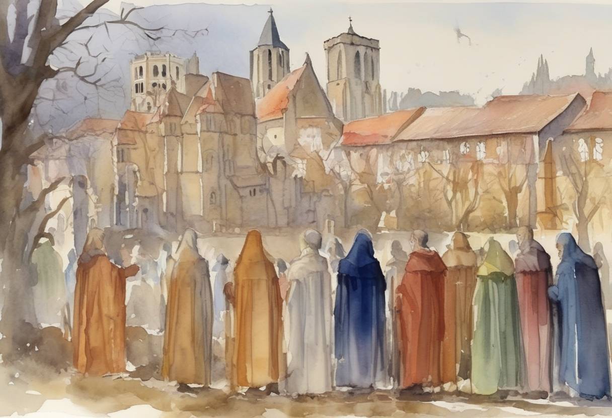 Watercolor painting based depiction of All Souls' Day is established by Odilo, Abbot of Cluny, as a day to pray for the dead, marking the beginning of the tradition in the Christian calendar. (998)