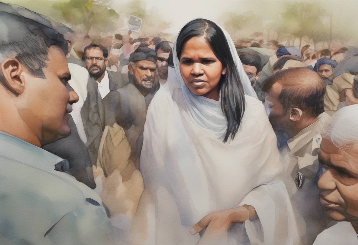 Watercolor painting based depiction of The Supreme Court of Pakistan acquitted Asia Bibi, a Christian woman who had been on death row for blasphemy, sparking protests across the country. (2018)